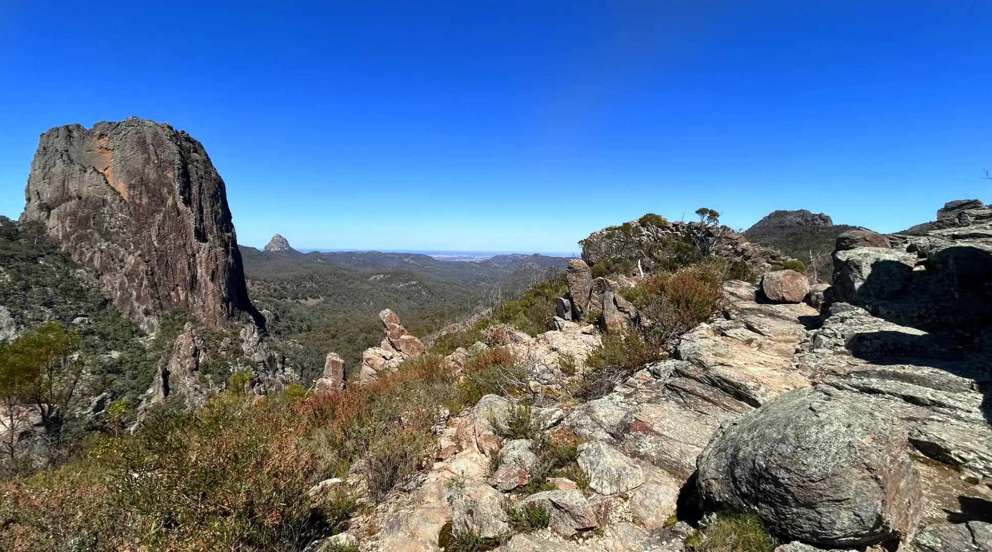 The view from the top of Breadknife and Grand High Tops Walk in the Warrumbungles, near Coonabarabran.