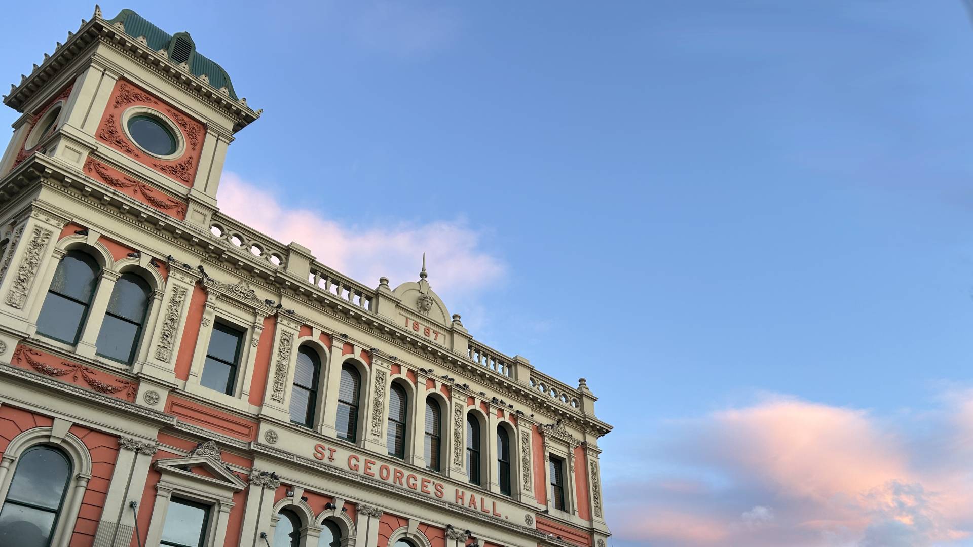 St Georges Hall on King Street in Newtown at sunset.